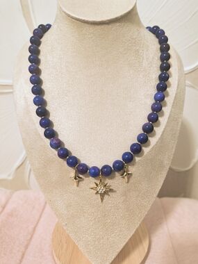 Handmade Natural Agate Painted Blue/Purple Beaded Star Pendant Necklace